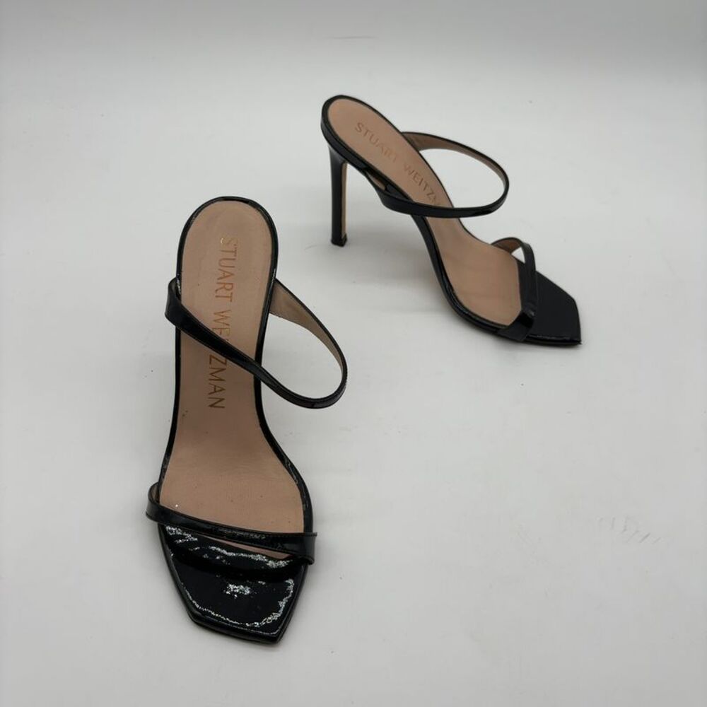 Stuart Weitzman Black Patent Double-Strap Sandal Heels